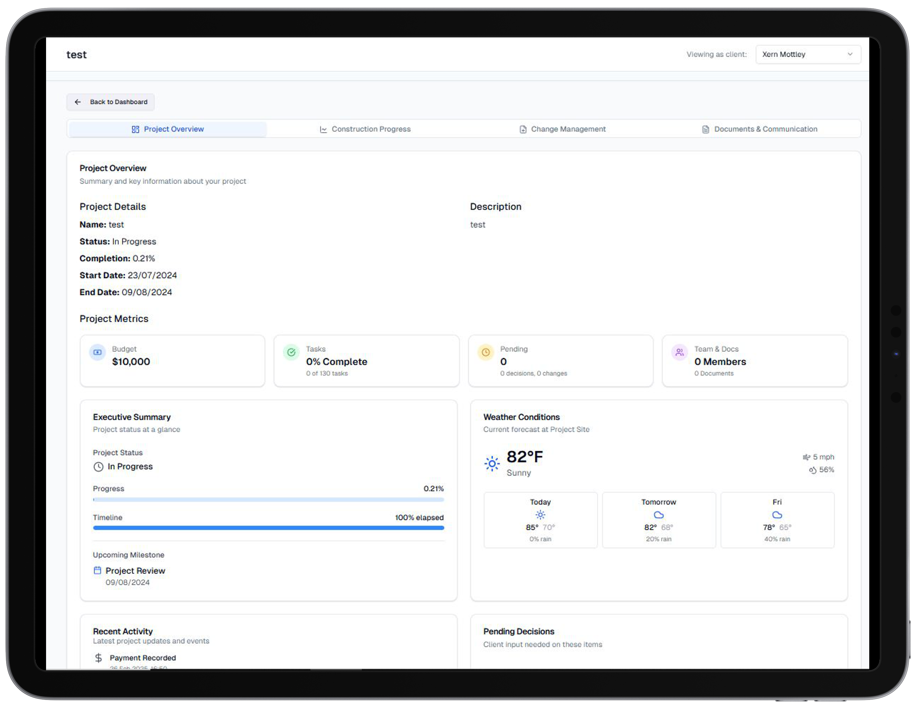 Tablet view of client project overview